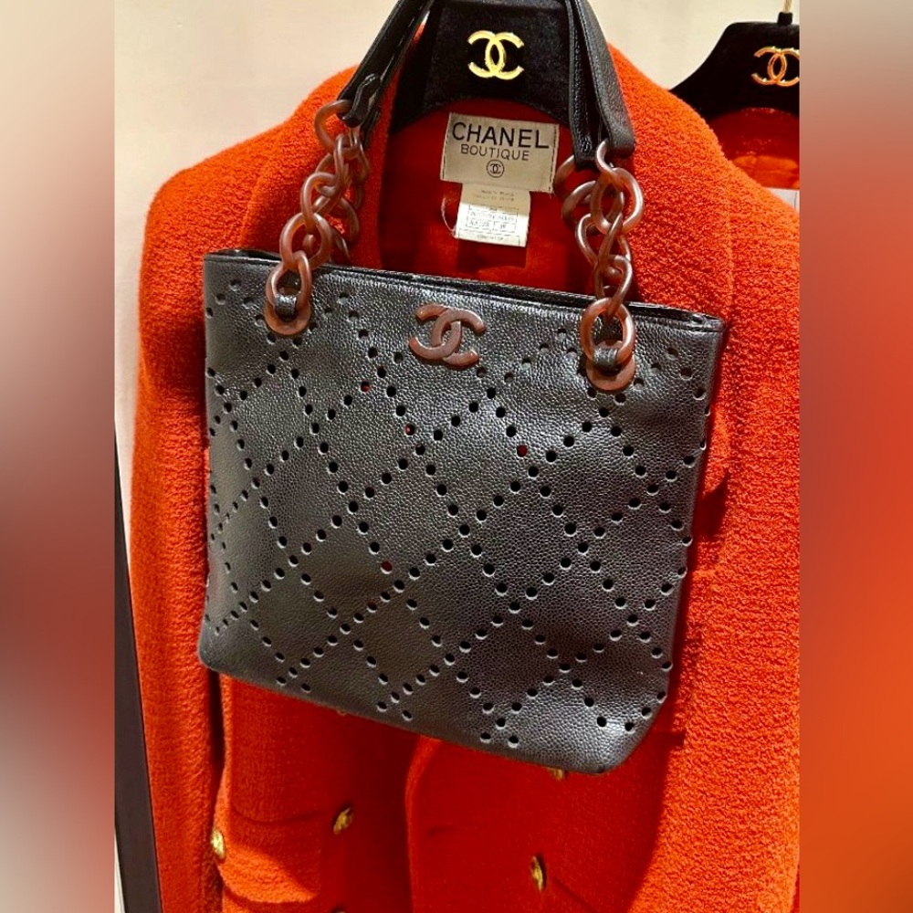 Authentic Vintage Chanel Black perforated Caviar tote Chain bag